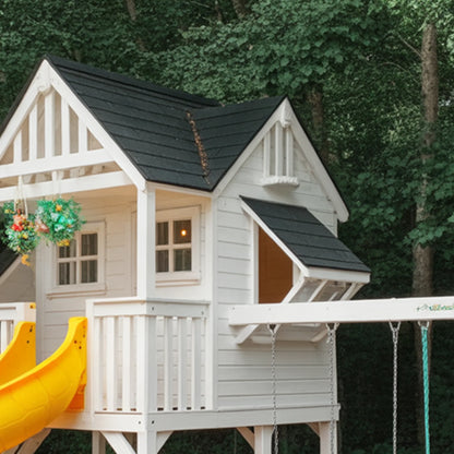 Two-Story Wooden Playhouse with Spiral Tube Slide & Swings | Outdoor Kids Backyard Playground