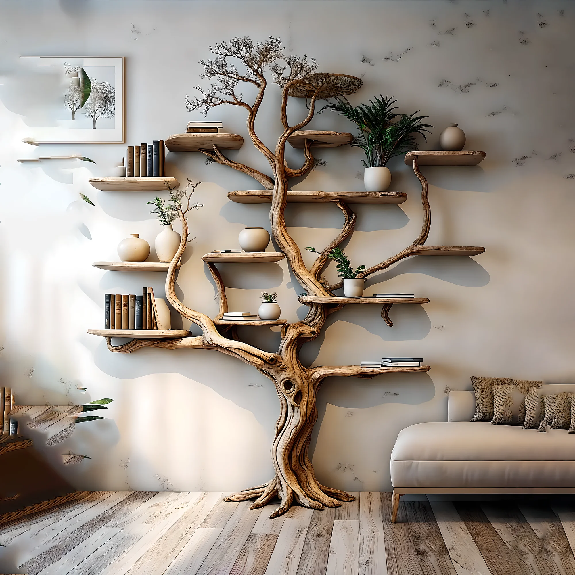 Handmade wooden tree branch bookshelf from solid natural wood, floating shelf, children's room decoration 