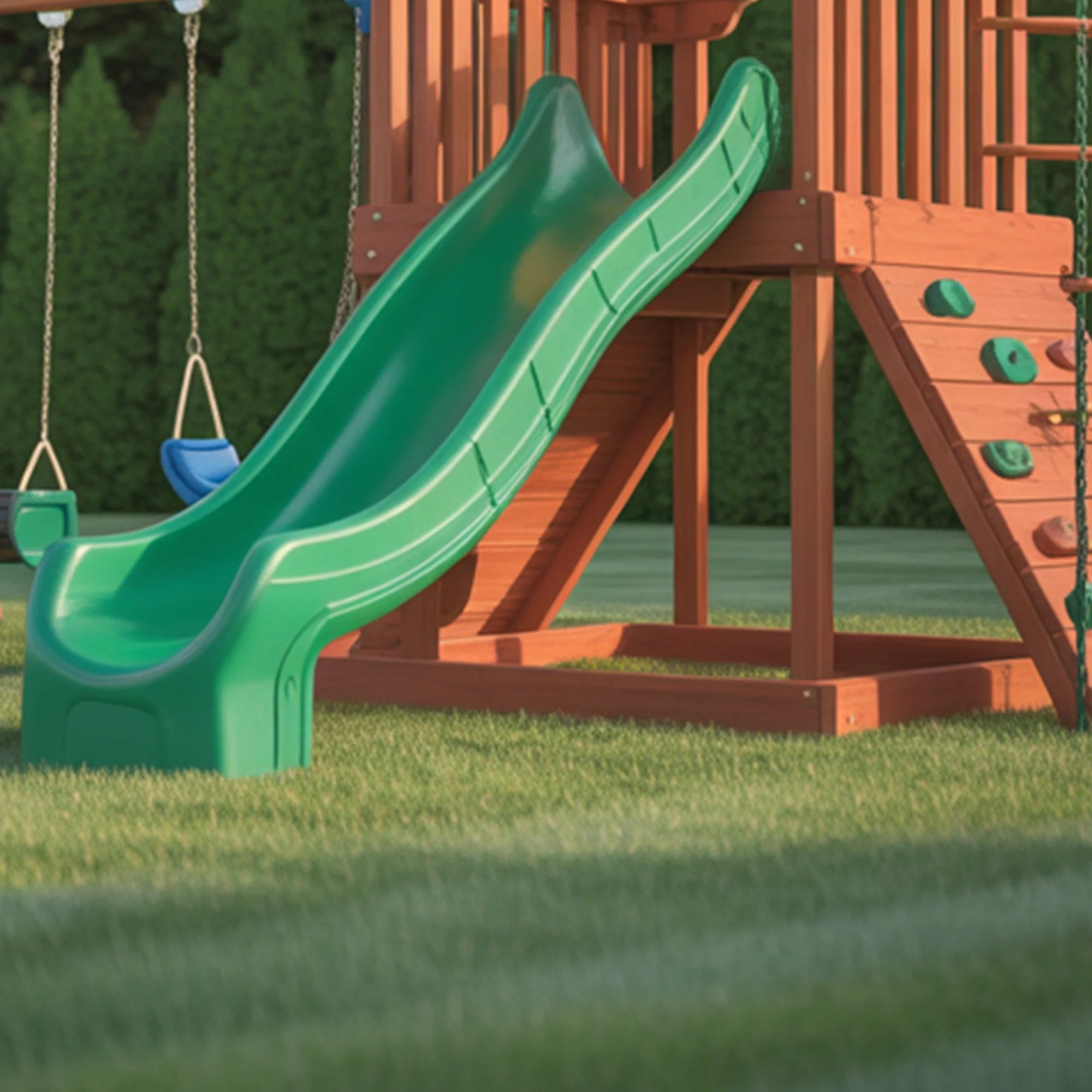 Outdoor Wooden Playset with Double Swings, Green Wave Slide & Climbing Wall | 22ft x 10ft x 9ft Backyard Adventure Set