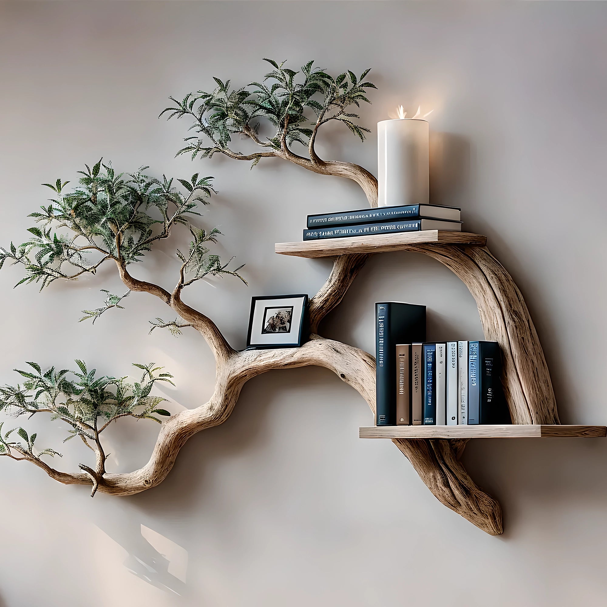 tile-Bookshelf decorated with tree branches Solid wooden bookshelf for decoration 