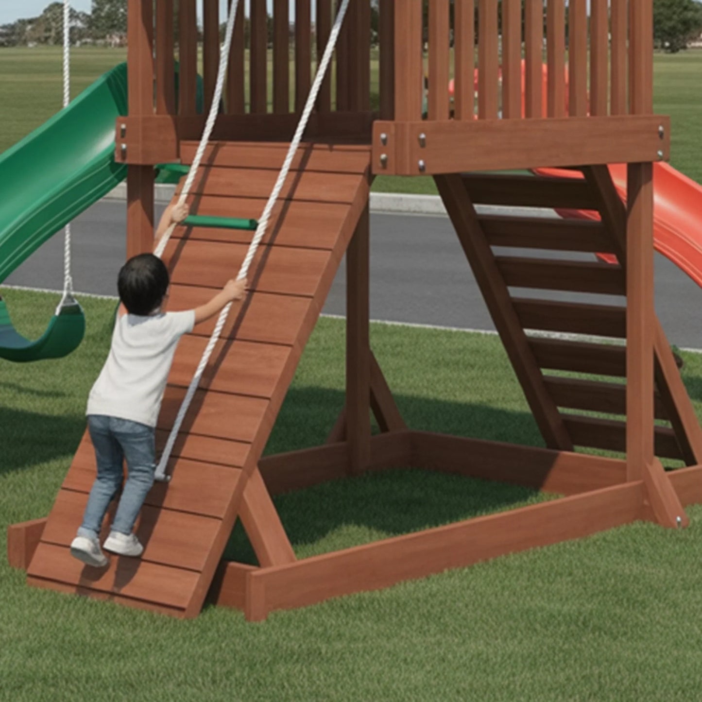 Premium Wooden Swingset with Dual Slides, Climbing Wall & Swing Set – 22ft x 12ft x 9ft Outdoor Playset