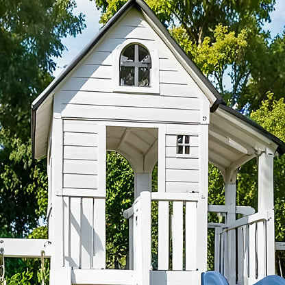 All-in-One Wooden Playset with Playhouse, Double Slides & Swings for Kids
