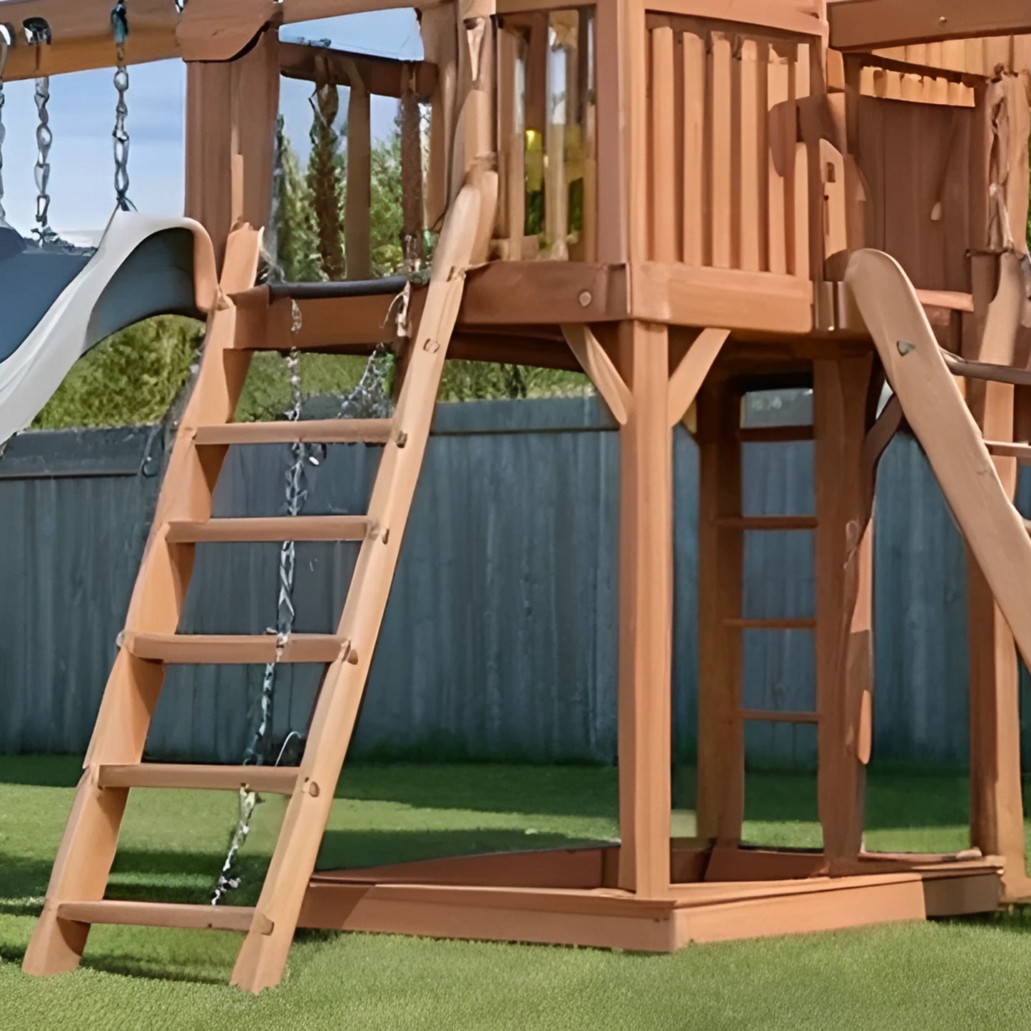 Kids Wooden Playground – Swing Set with Slide, Bench & Playhouse for Backyard