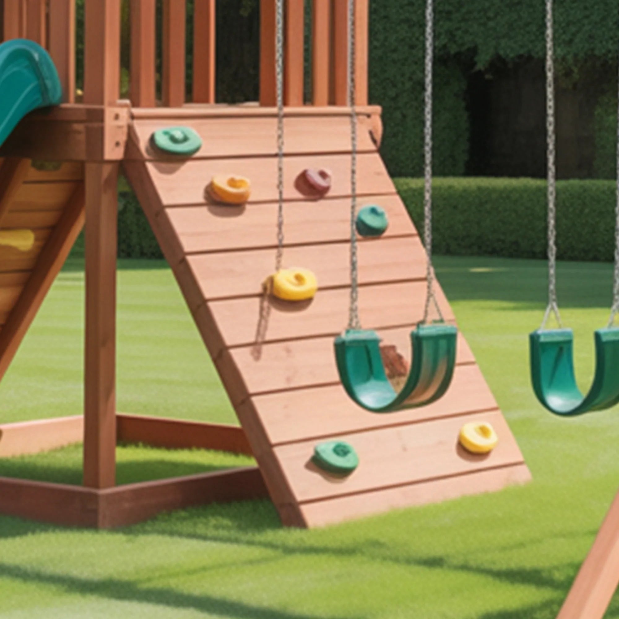 Backyard Wooden Playset with Double Swing, Rock Climbing Wall, Green Slide & Canopy Roof – Outdoor Adventure Playground, 22x10x9ft