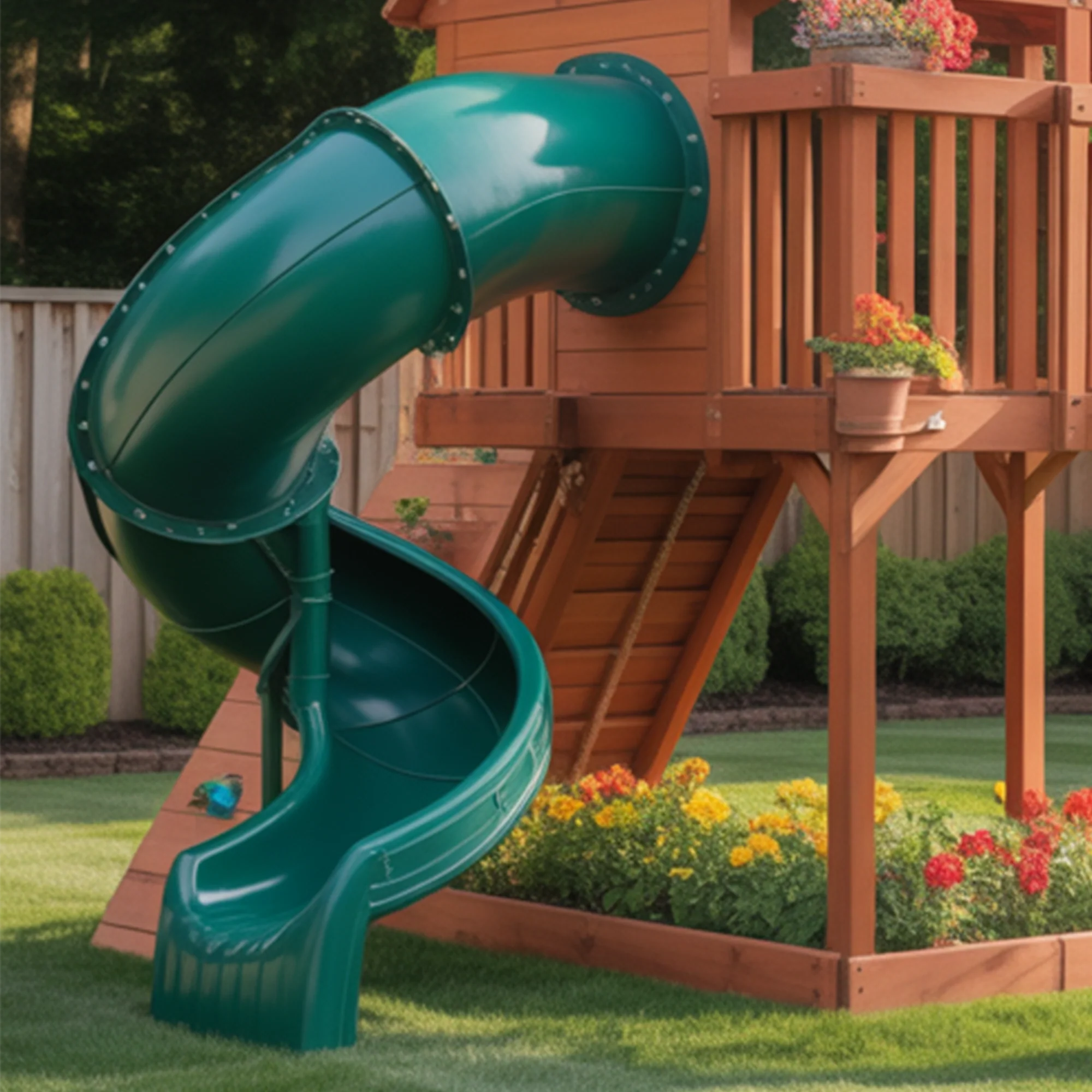 Deluxe Wooden Playhouse with Dual Slides, Spiral Tube Slide, Triple Swings & Garden Base – Outdoor Kids Activity Center | 24x10x9 ft