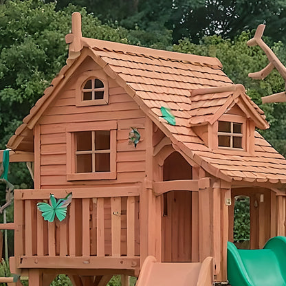 Wooden Swing Set with Double Slides & Playhouse – Safe Outdoor Kids Playground