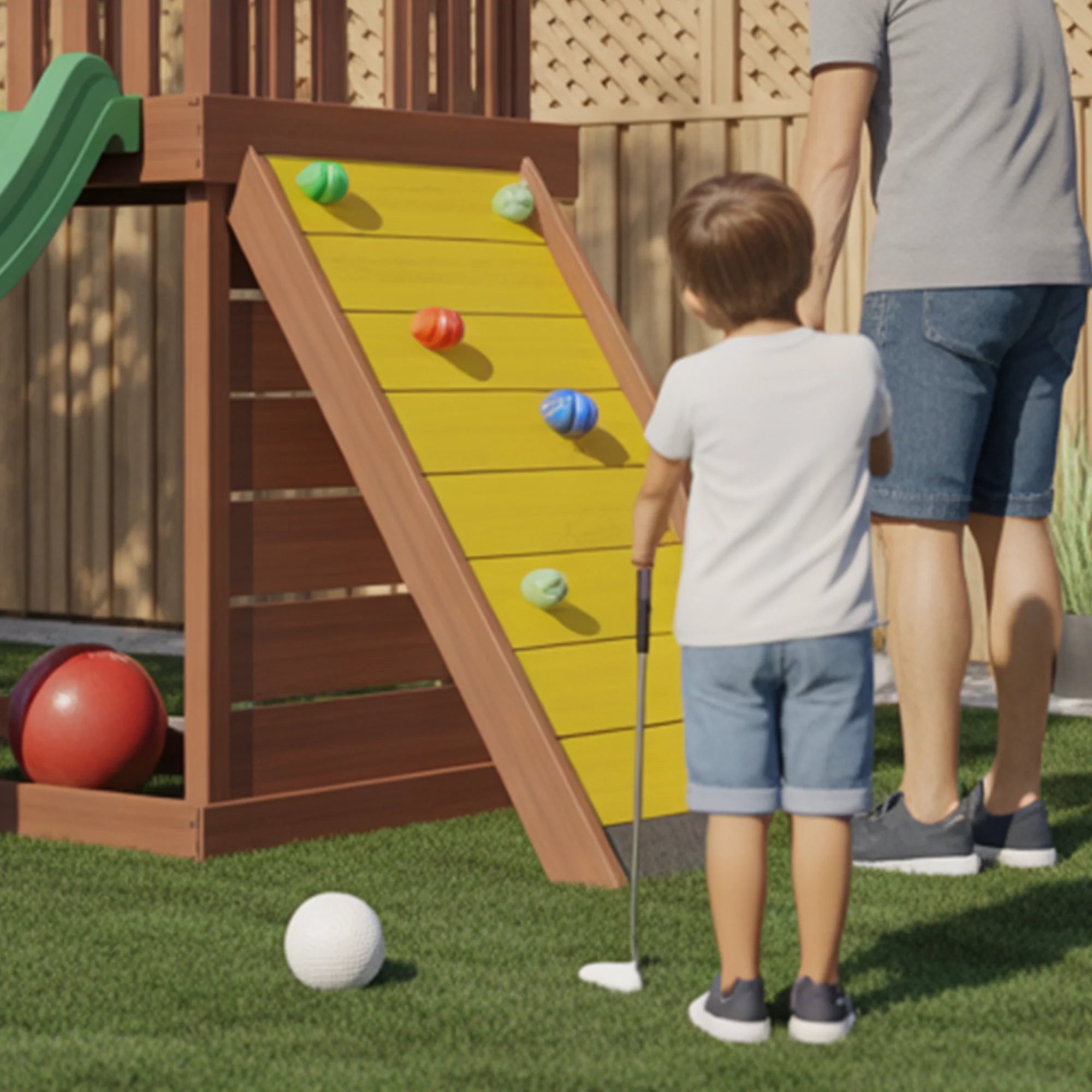Backyard Wooden Playset with Double Slide & Rock Climbing Wall – Compact Outdoor Adventure Tower