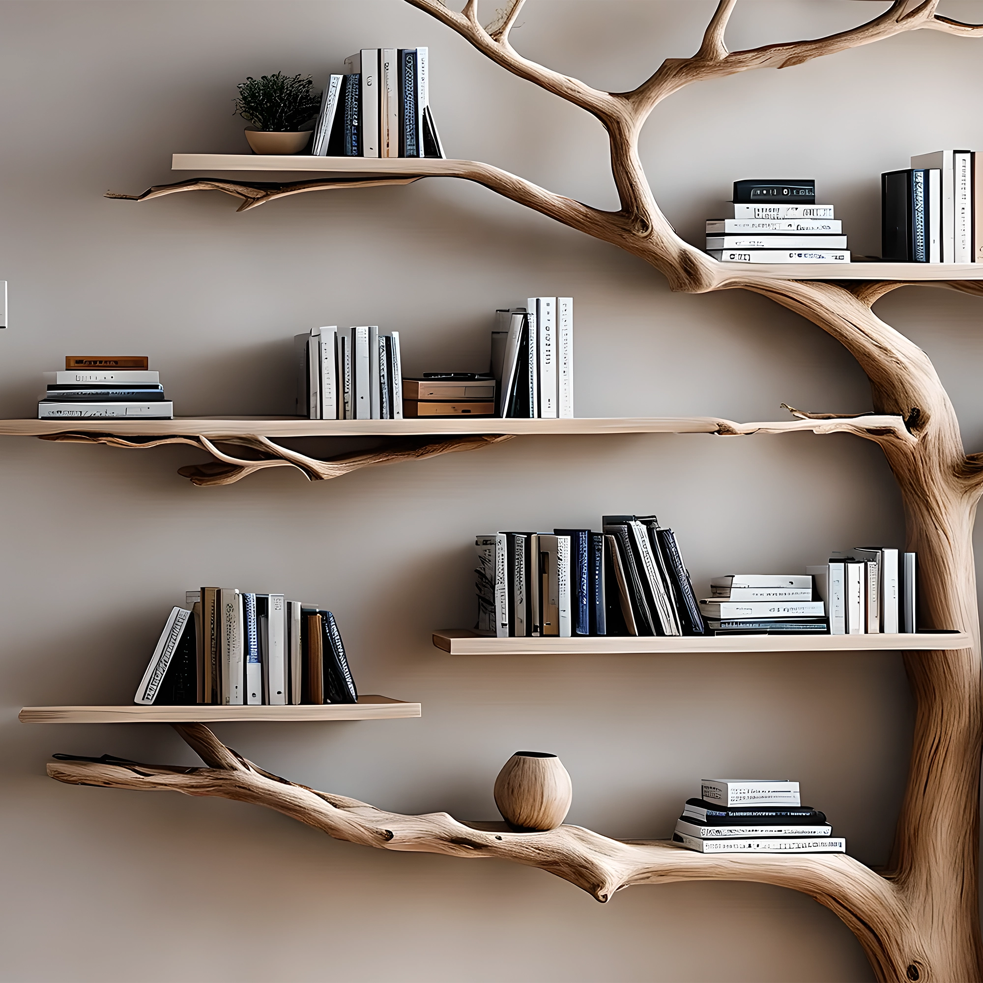 Tree shaped bookshelf, solid wood tree branch shelf, handmade wall hanging interior decoration for home 