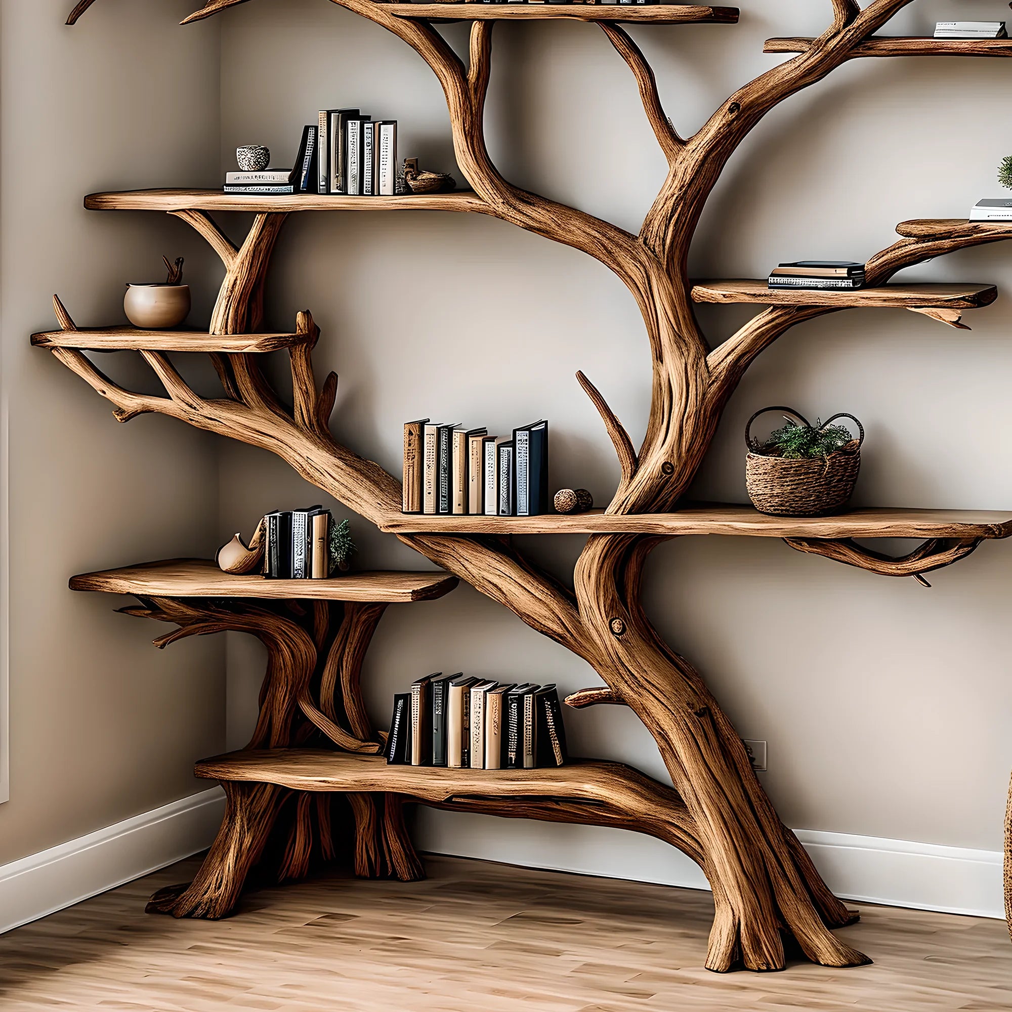 Handmade wooden bookshelf, Tree branch bookshelf, Living room decoration, Office decoration, Natural wood, Floating shelf 