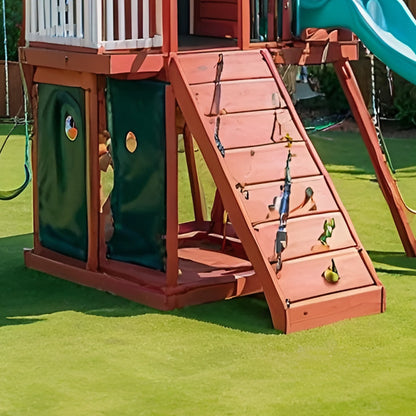 Wooden Swing Set with Slide, Rock Wall & Playhouse – Backyard Kids Playground Outdoor Fun