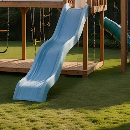 Backyard Playhouse with Wooden Swing Set, Sandbox & Wave Slide – Outdoor Fun