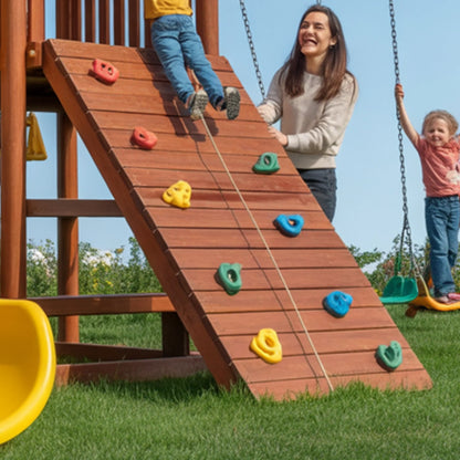 Wooden Swingset with Tube Slide, Rock Wall & Double Swings – Kids Outdoor Playground