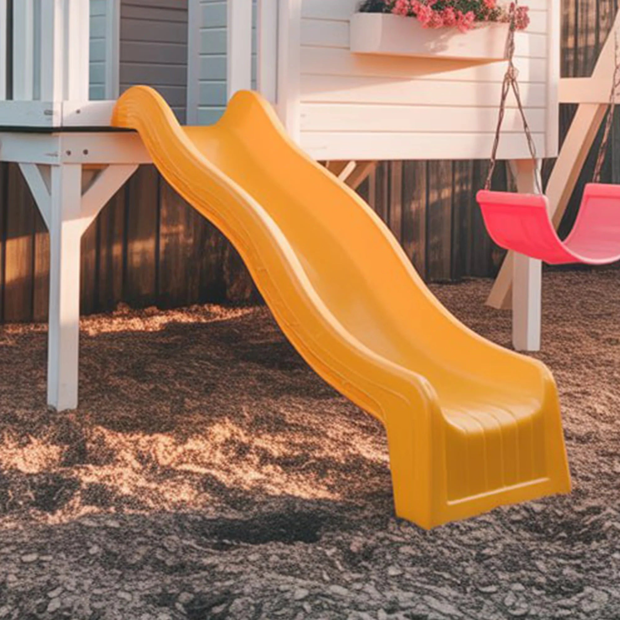 Wooden Outdoor Playhouse for Kids with Yellow Slide & Swing Set