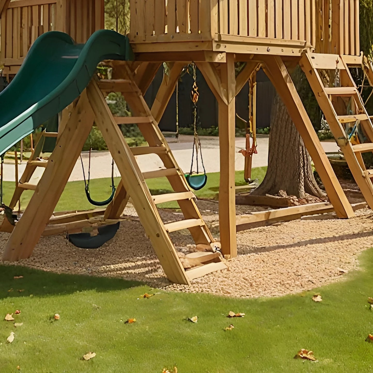 Backyard Wooden Swing Set with Double Slide, Swings & Playhouse – Outdoor Kids Playground
