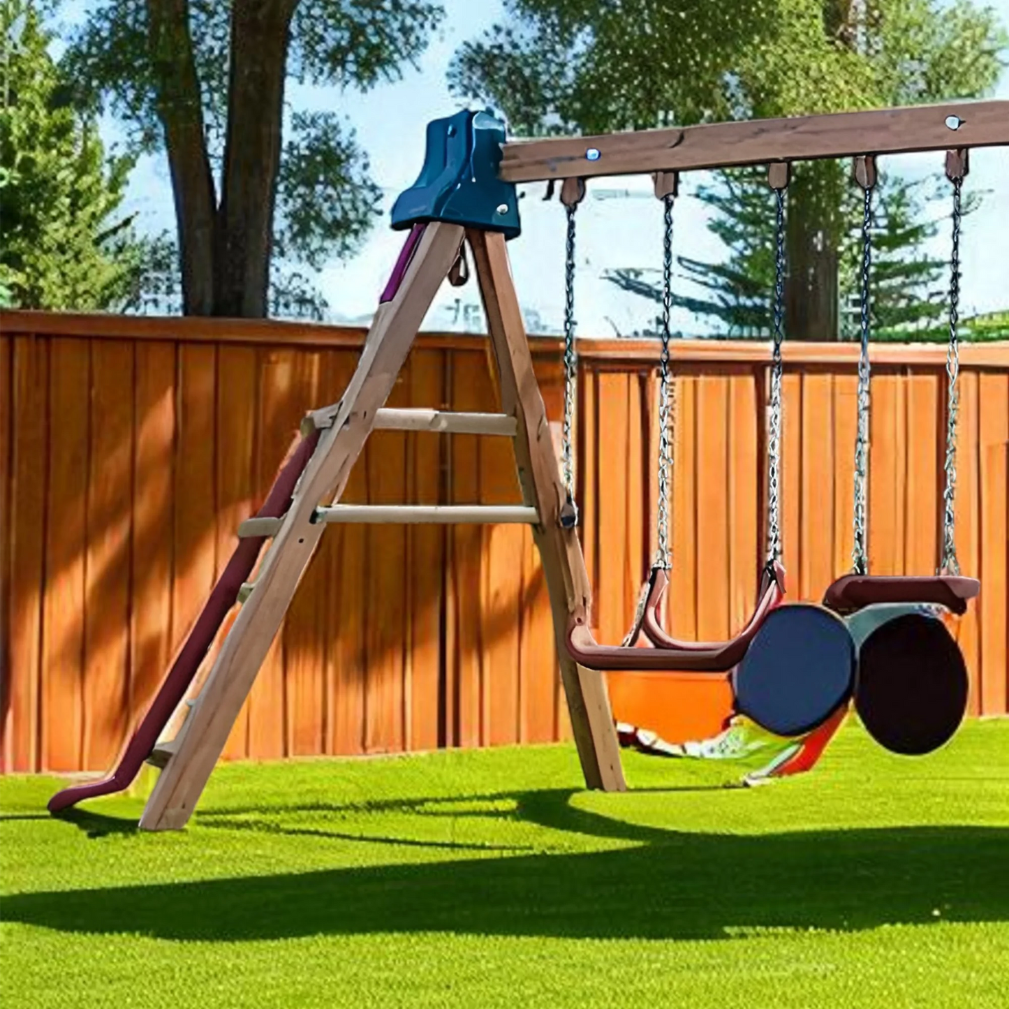 Outdoor Wooden Swingset with Spiral Tube Slide & Dual Swings