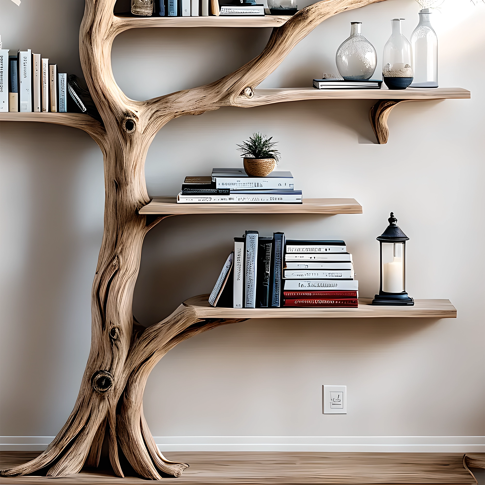 Solid wood tree branch bookshelf, handmade wall hanging, interior decoration for living room 