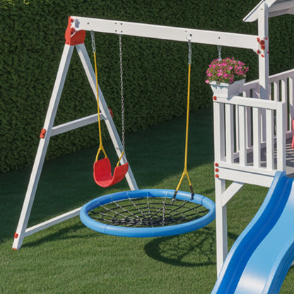 Wooden Playhouse with Slide & Nest Swing | 22x12x9 ft Backyard Playground for Kids