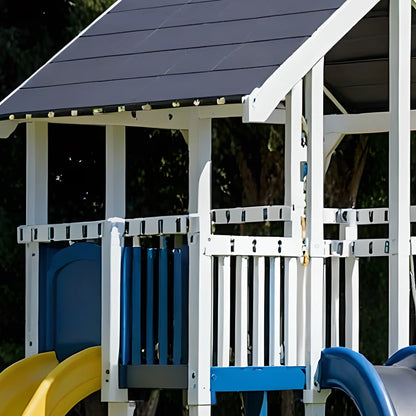 Wooden Outdoor Play Structure – Twin Playhouse, Swings & Slides for Kids