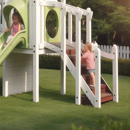 Twin Tower Wooden Playhouse with Slides & Bridge | Outdoor Kids Playground for Backyard Adventure