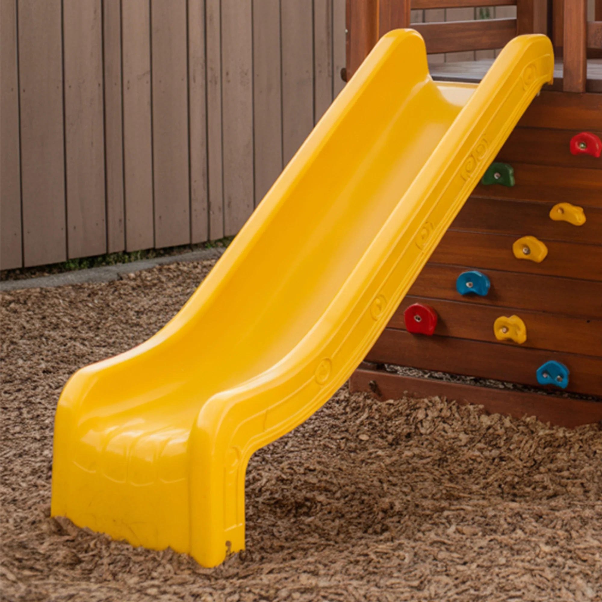 Compact Wooden Playset with Yellow Slide & Rock Climbing Wall – Backyard Fun for Kids | 10x10x9 ft