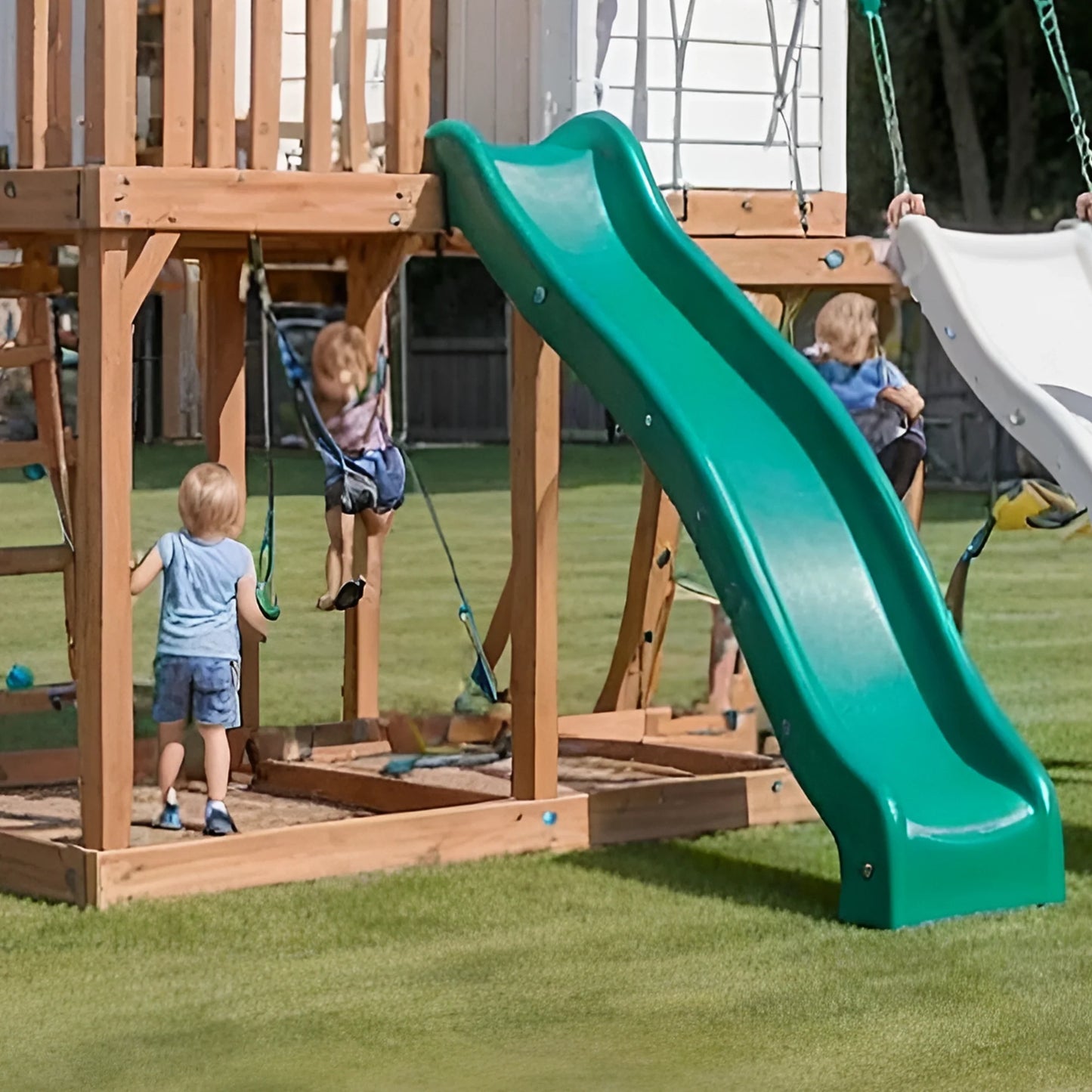 Backyard Wooden Swing Set with Playhouse, Double Slide & Climbing Wall for Kids