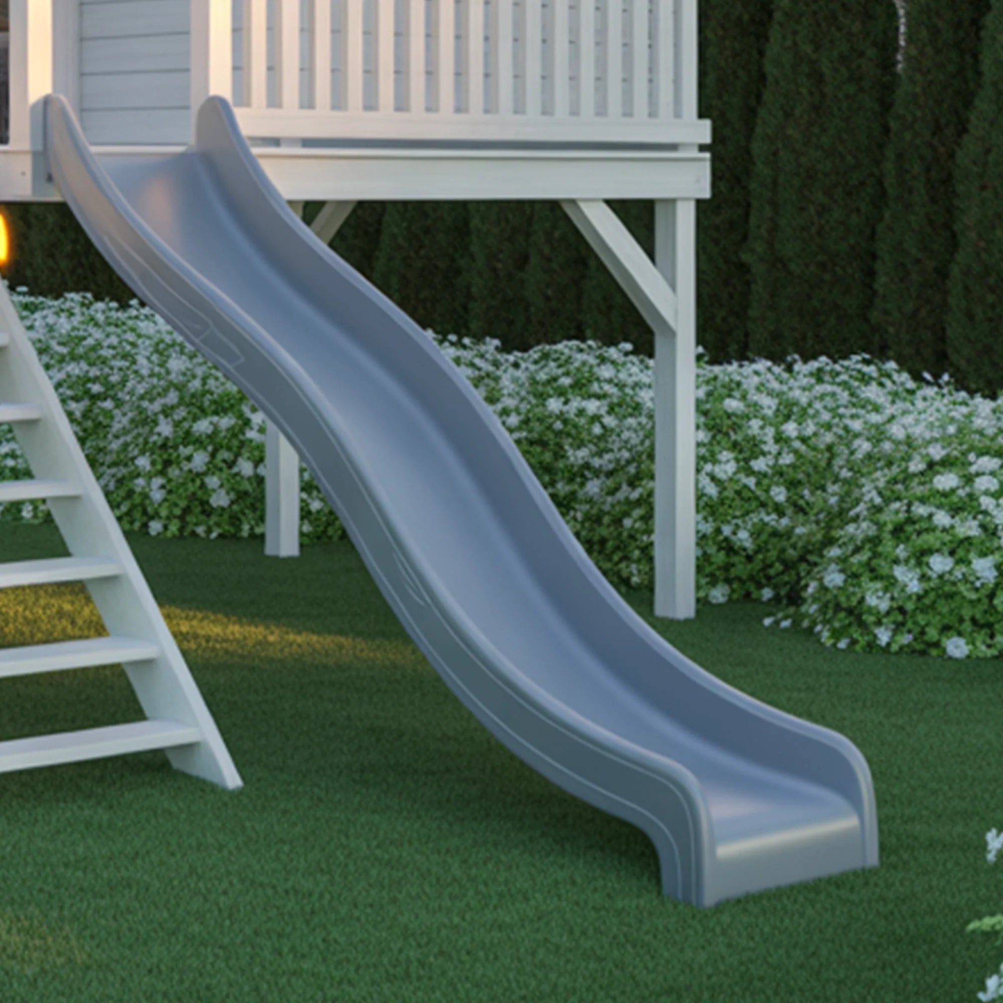 Modern Wooden Playhouse with Double Slide – 16ft x 10ft x 9ft Outdoor Backyard Activity House for Kids
