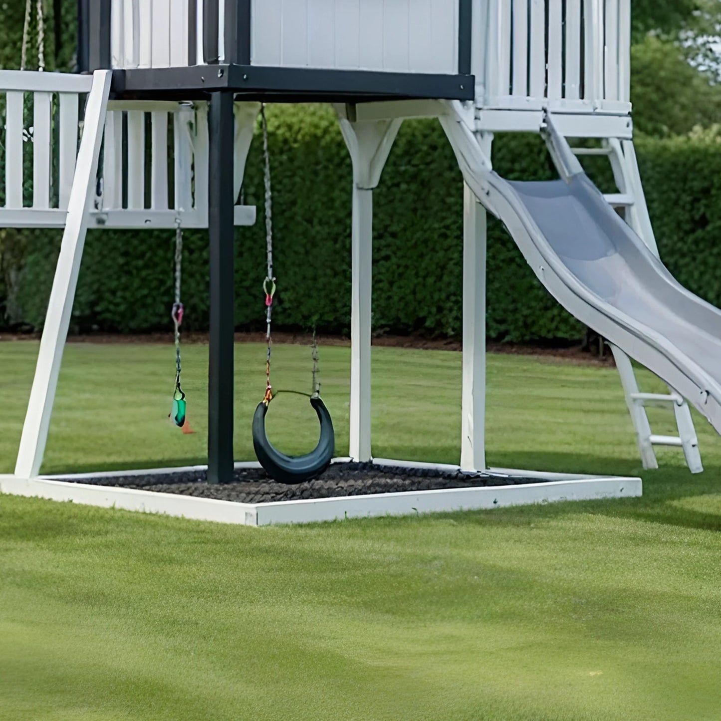 Outdoor Playhouse with Double Slides, Swings & Climbing Wall – Wooden Playground Set