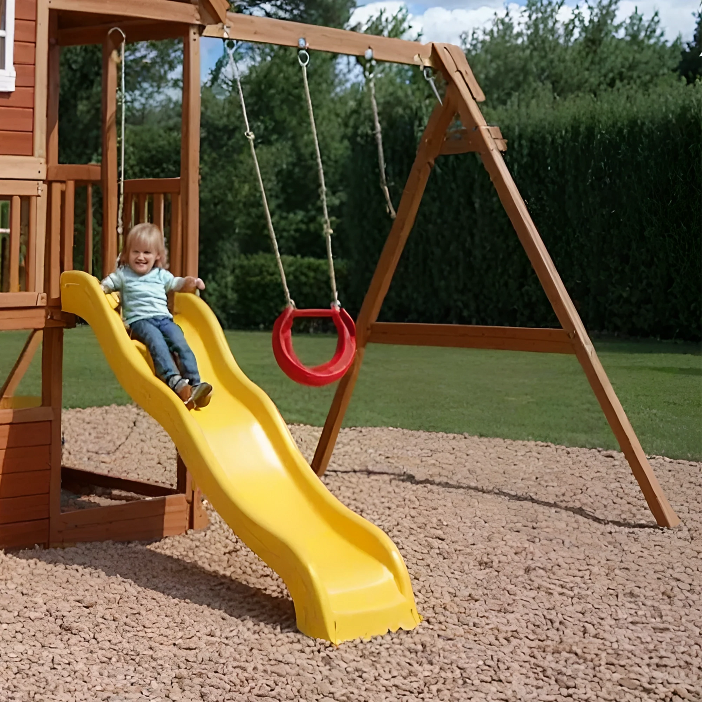 Heavy-Duty Wooden Swingset with Spiral Slide & Double Towers