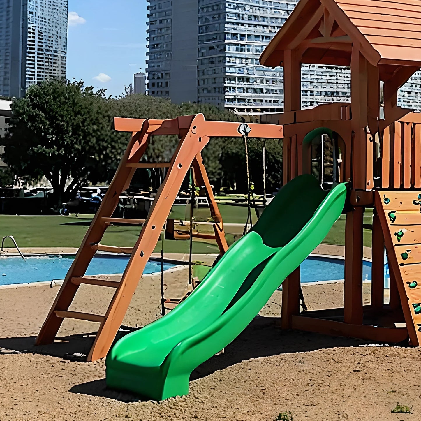 Outdoor Wooden Playset with Playhouse, Swings, Rock Wall & Double Slide for Kids