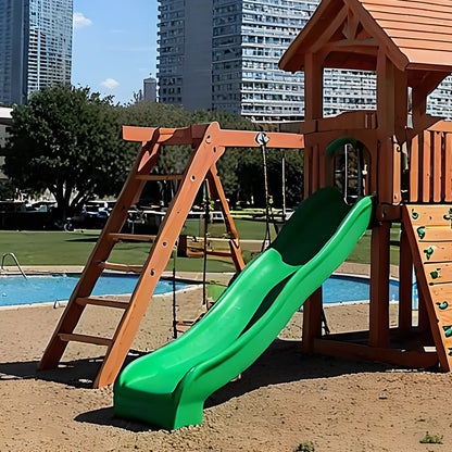 Outdoor Wooden Playset with Playhouse, Swings, Rock Wall & Double Slide for Kids