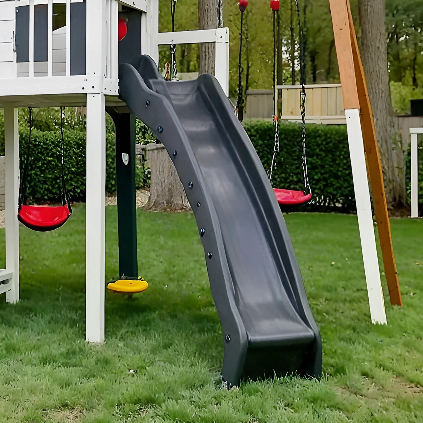 Wooden Swing Set with Double Slides & Playhouse – Outdoor Playground with Swings and Climbing Wall (19.5 ft)