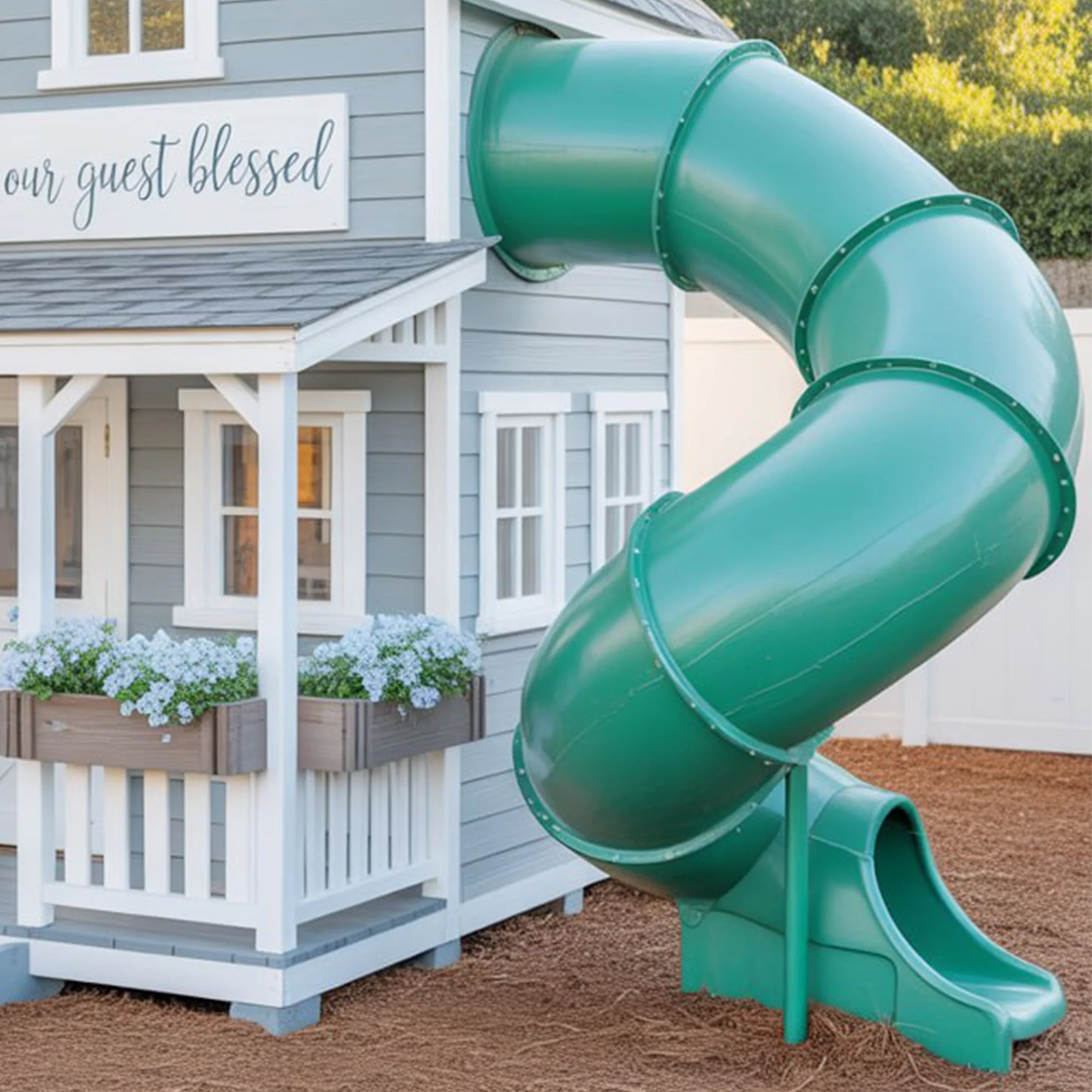 Luxury Wooden Playhouse with Spiral Slide & Swings – Elevated Outdoor Kids Playground | Safe & Durable Backyard Play Structure