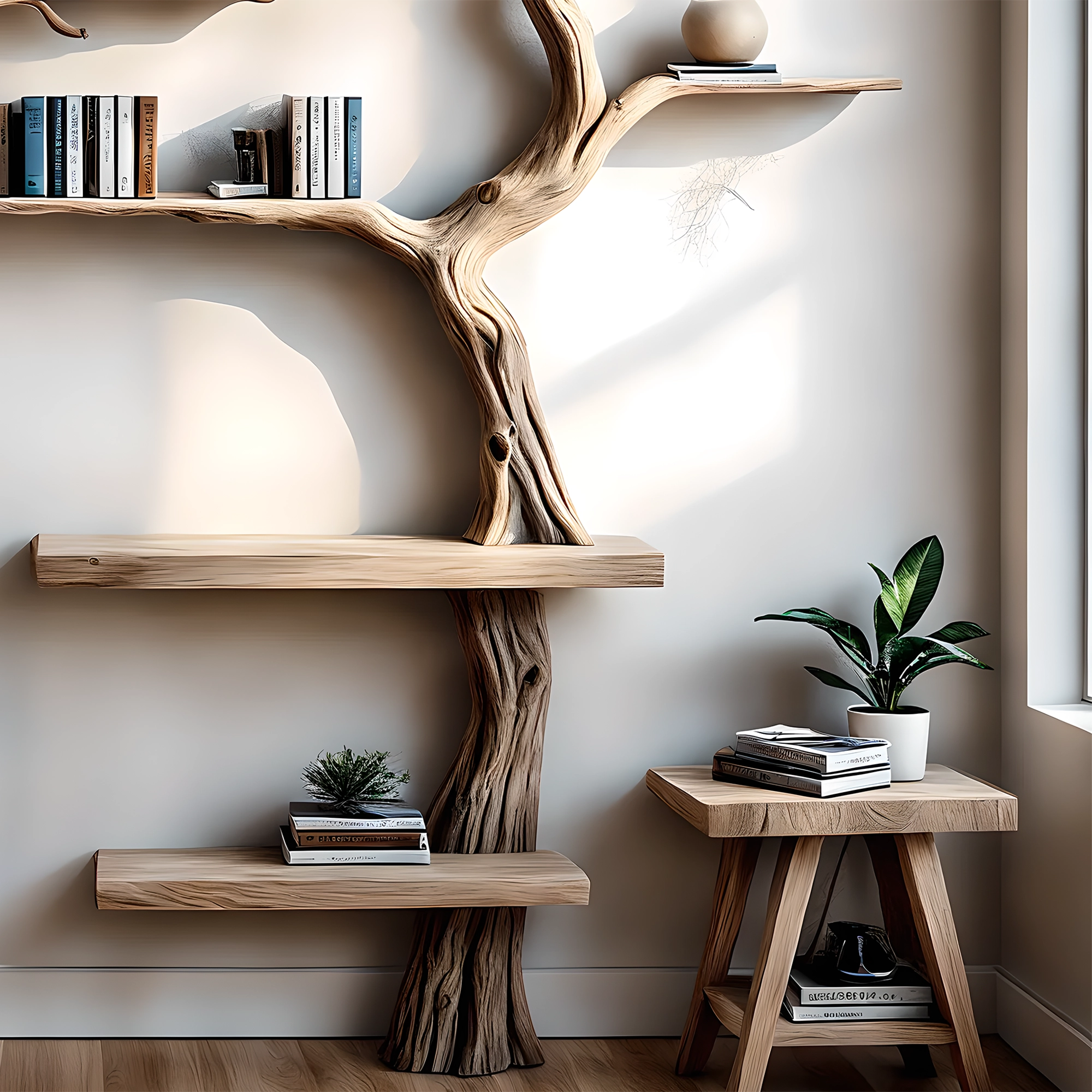 -Handmade wall-mounted solid wood tree branch bookshelf for interior decoration 