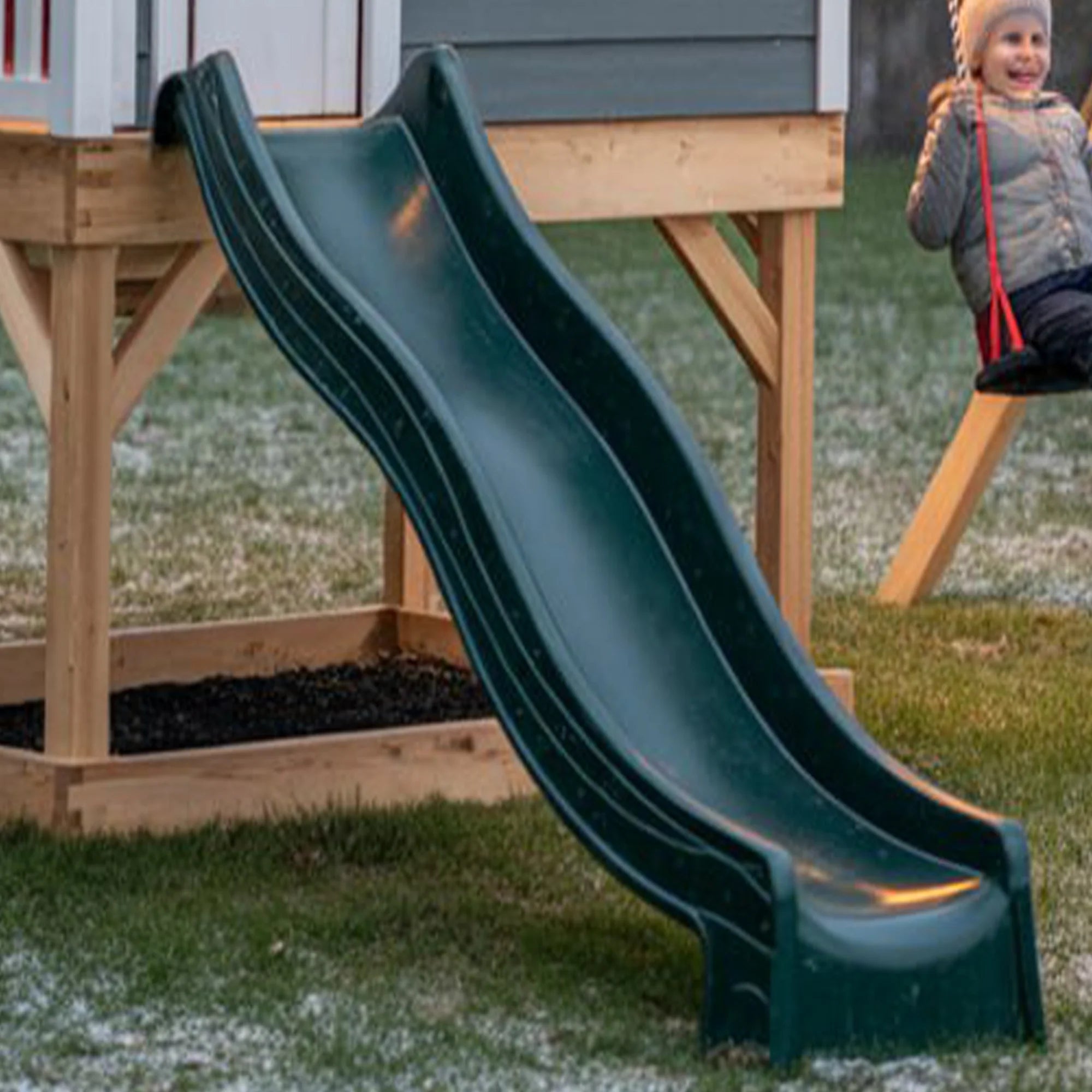 Modern Wooden Playhouse with Slide and Swing – Outdoor Kids Backyard Playground Set (16ft x 12ft x 9ft)
