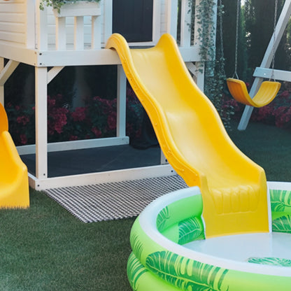 Wooden Playhouse with Tube & Wave Slide | 22x12x9 ft Backyard Playground with Swings & Sandbox