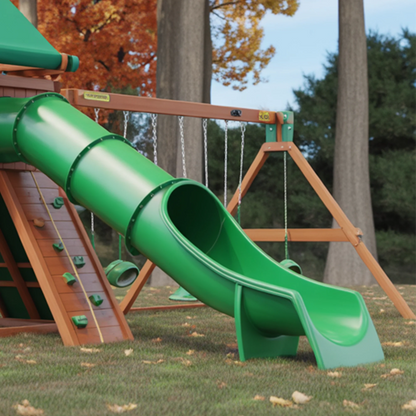 Wooden Swingset with Tube Slide, Double Swings & Rock Wall – Outdoor Kids Playground