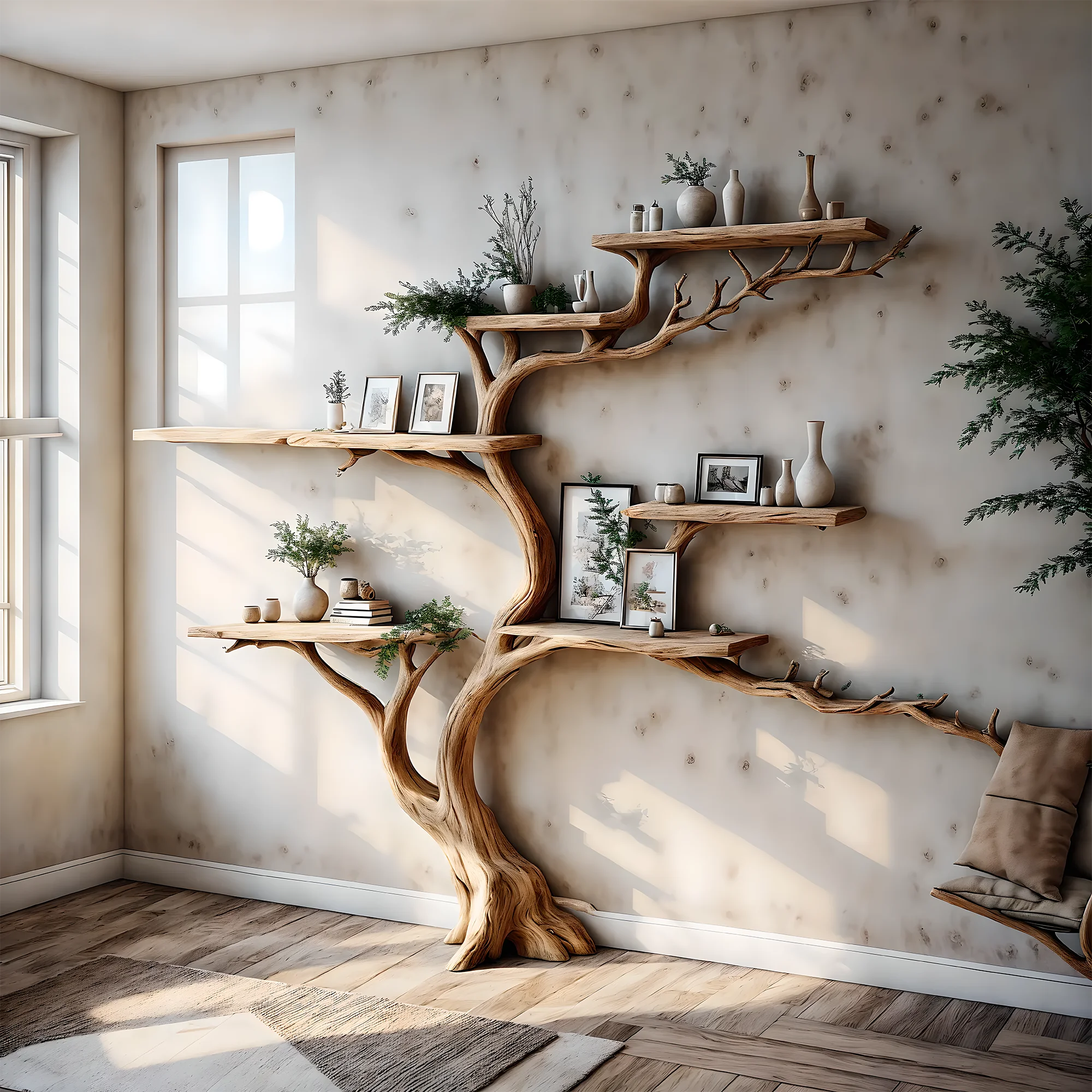 Natural wooden decorative bookshelf, tree-shaped bookshelf, solid wood bookshelf, handmade bookshelf 