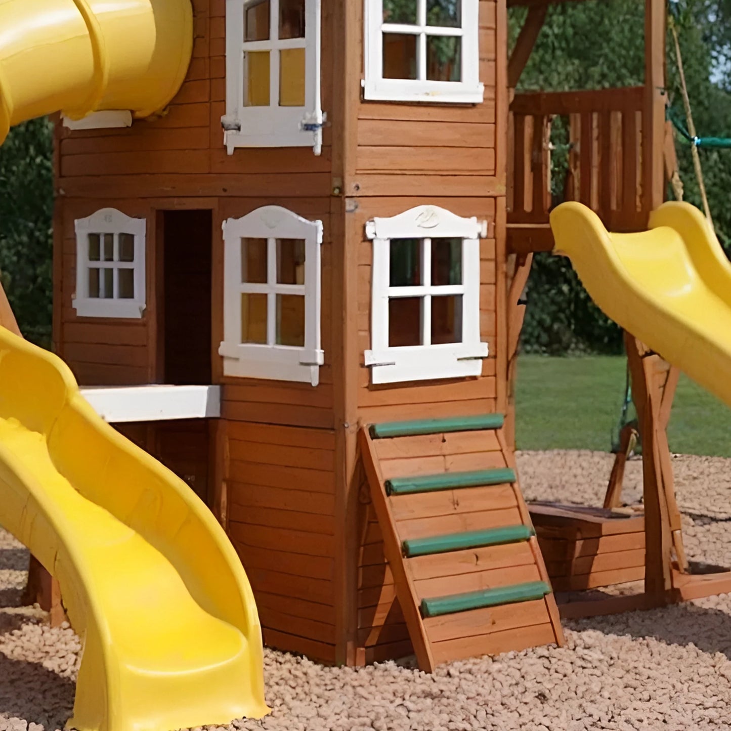 Premium Backyard Swingset with Playhouse, Slides & Rock Wall