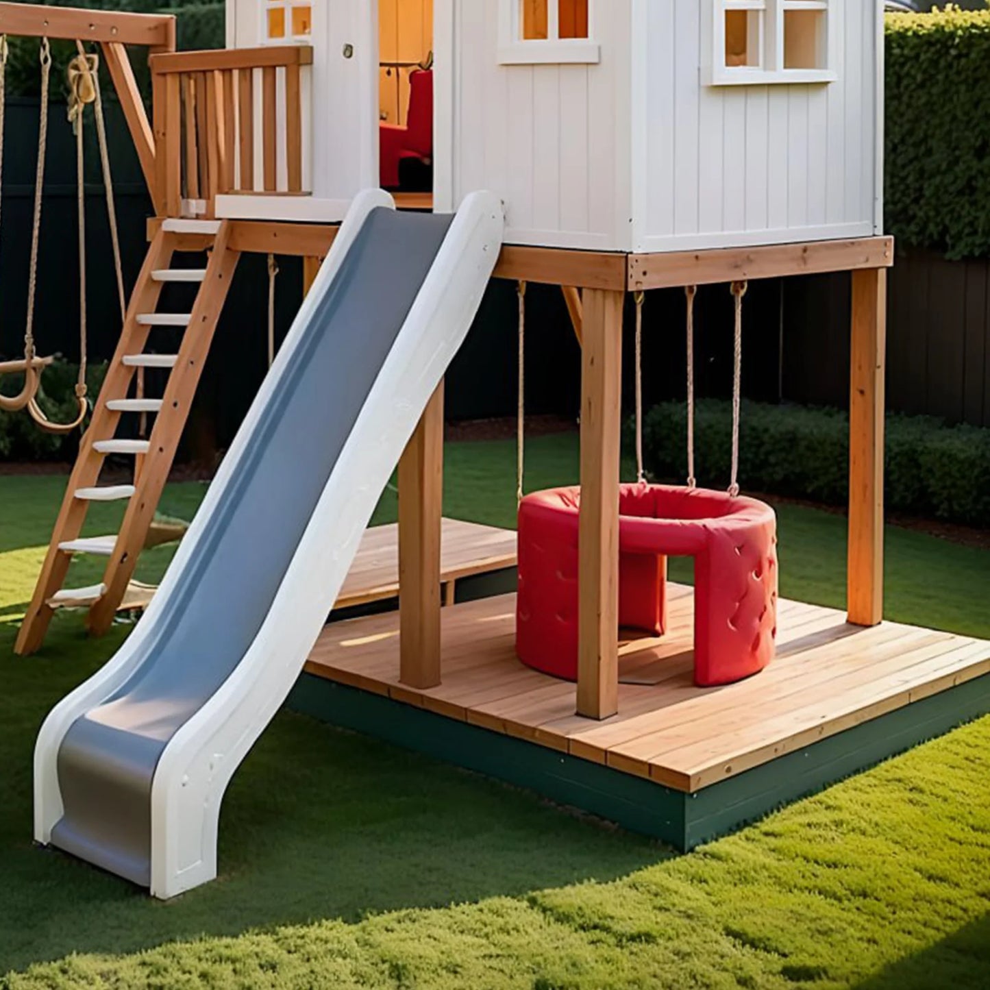 Backyard Swing Set with Sandbox & Slide – Wooden Outdoor Playhouse for Children