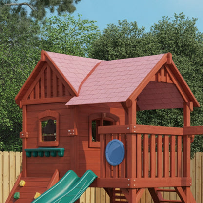 Wooden Playhouse with Slide & Swings | 12x12x9 ft Outdoor Backyard Playground for Kids