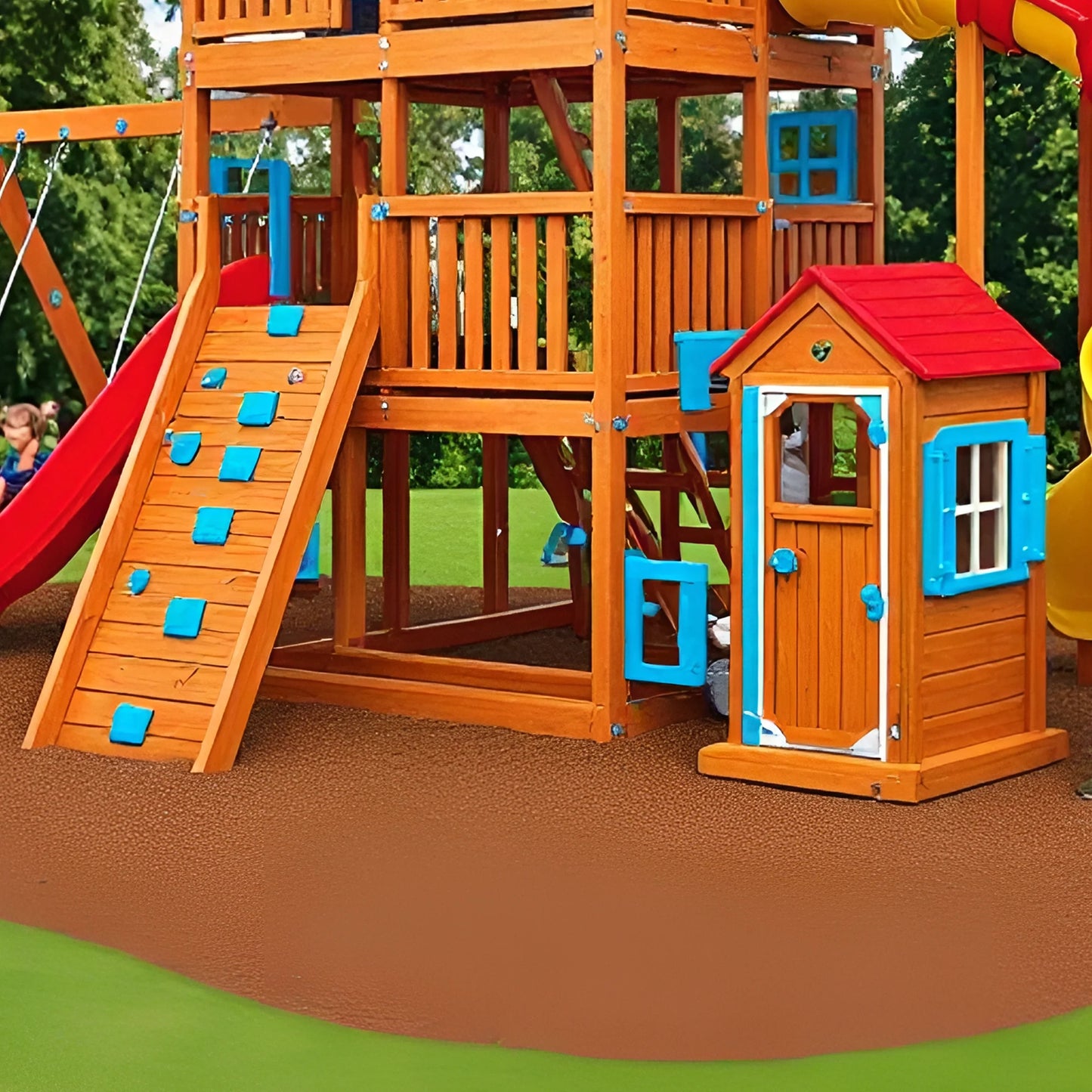 Classic Wooden Swing Set with Slide & Playhouse for Kids
