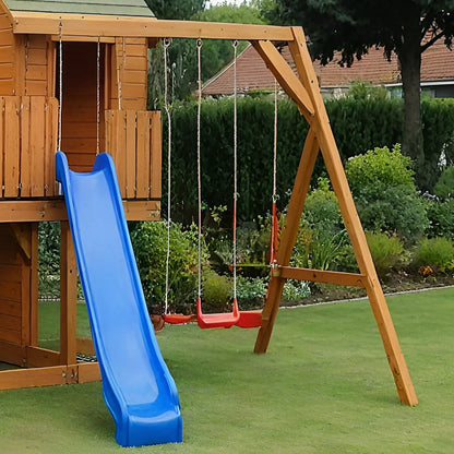 Outdoor Wooden Swingset with Playhouse, Slide & Climbing Wall