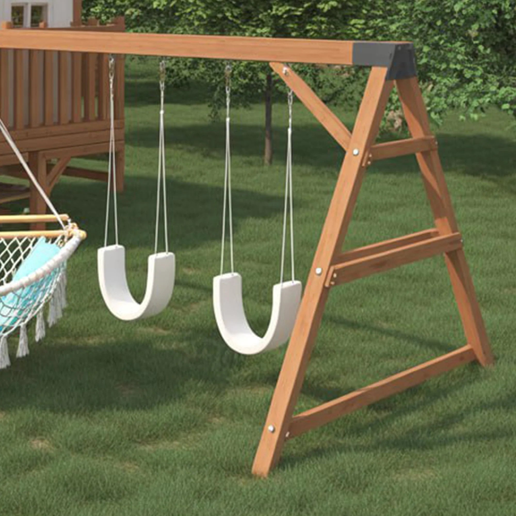 Deluxe Wooden Playhouse with Dual Slides, Swings & Hammock – Outdoor Backyard Adventure Set (22ft x 12ft x 9ft)