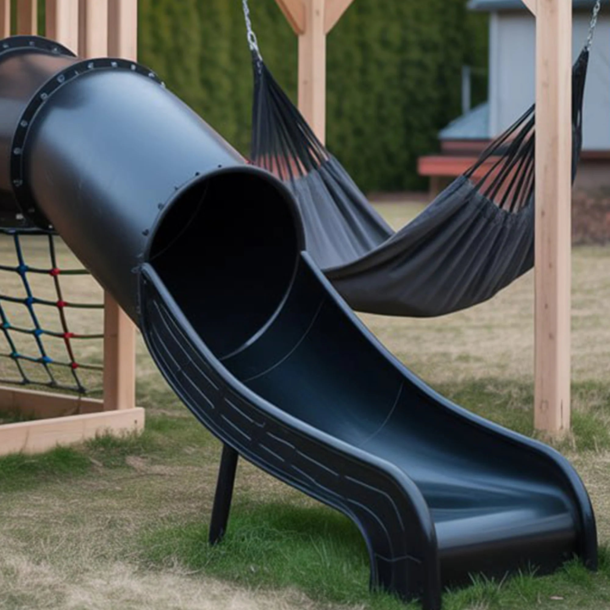 Backyard Wooden Playset with Tube Slide, Rock Climbing Wall & Double Hammock – 22x12x9 ft Outdoor Playground
