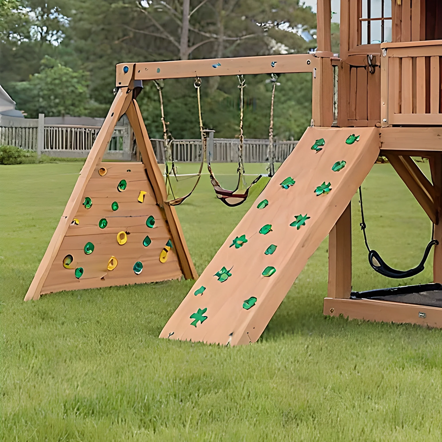 Large Wooden Swing Set for Backyard – Playhouse, Swings & Double Slides Included