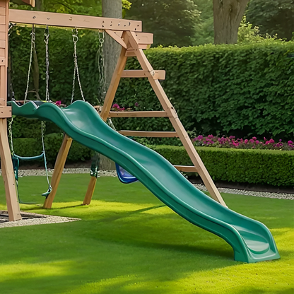 Wooden Swing Set with Slide, Climbing Wall & Playhouse – Outdoor Kids Playground (23 ft)