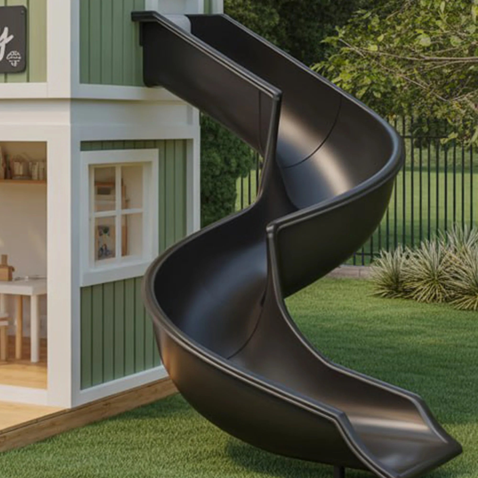 Modern Two-Story Wooden Playhouse with Spiral Slide, Balcony & Swing Set | 22ft x 12ft x 9ft Backyard Playground