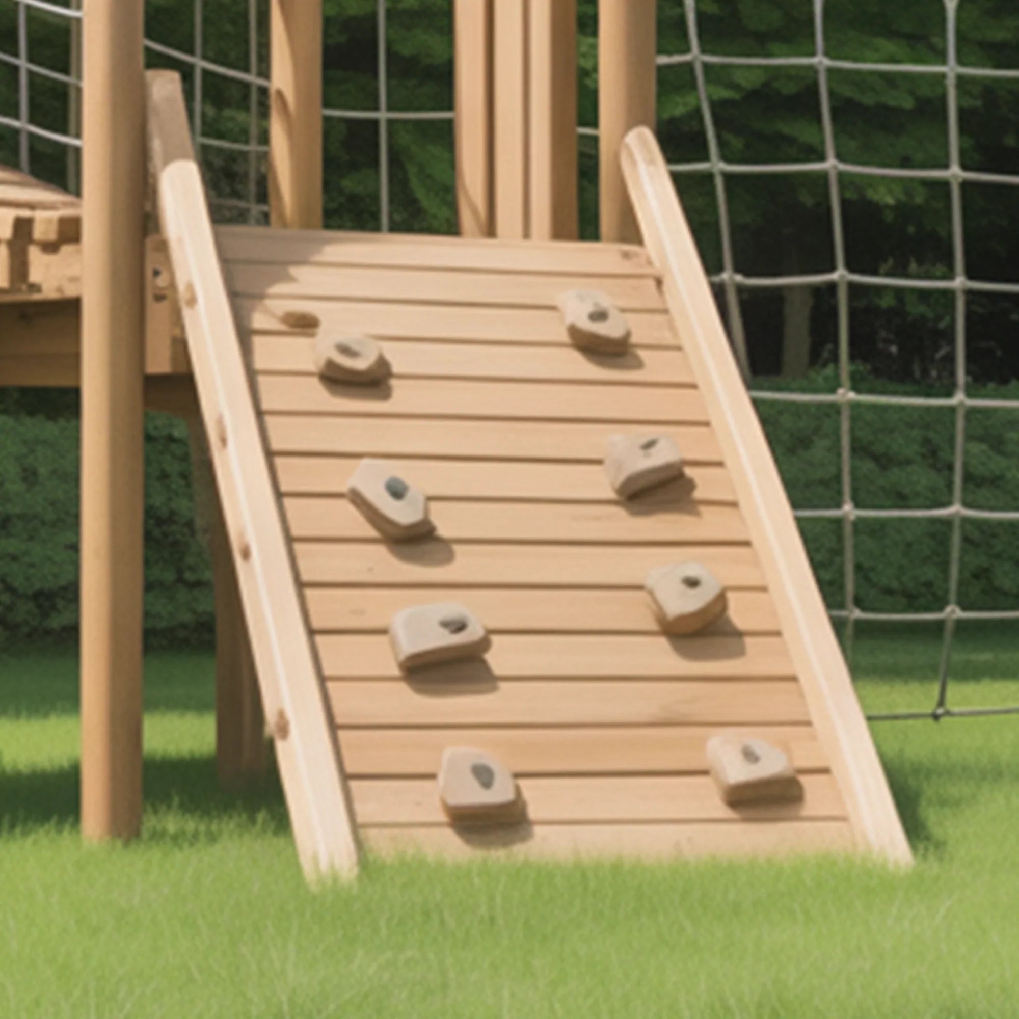Backyard Wooden Playground with Curved Slide, Rock Climbing Wall & Rope Net | 9ft Height Outdoor Playset