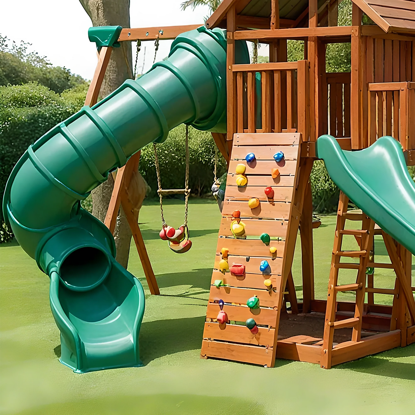 Premium Wooden Swing Set with Dual Slides, Playhouse Deck & Multiple Swings