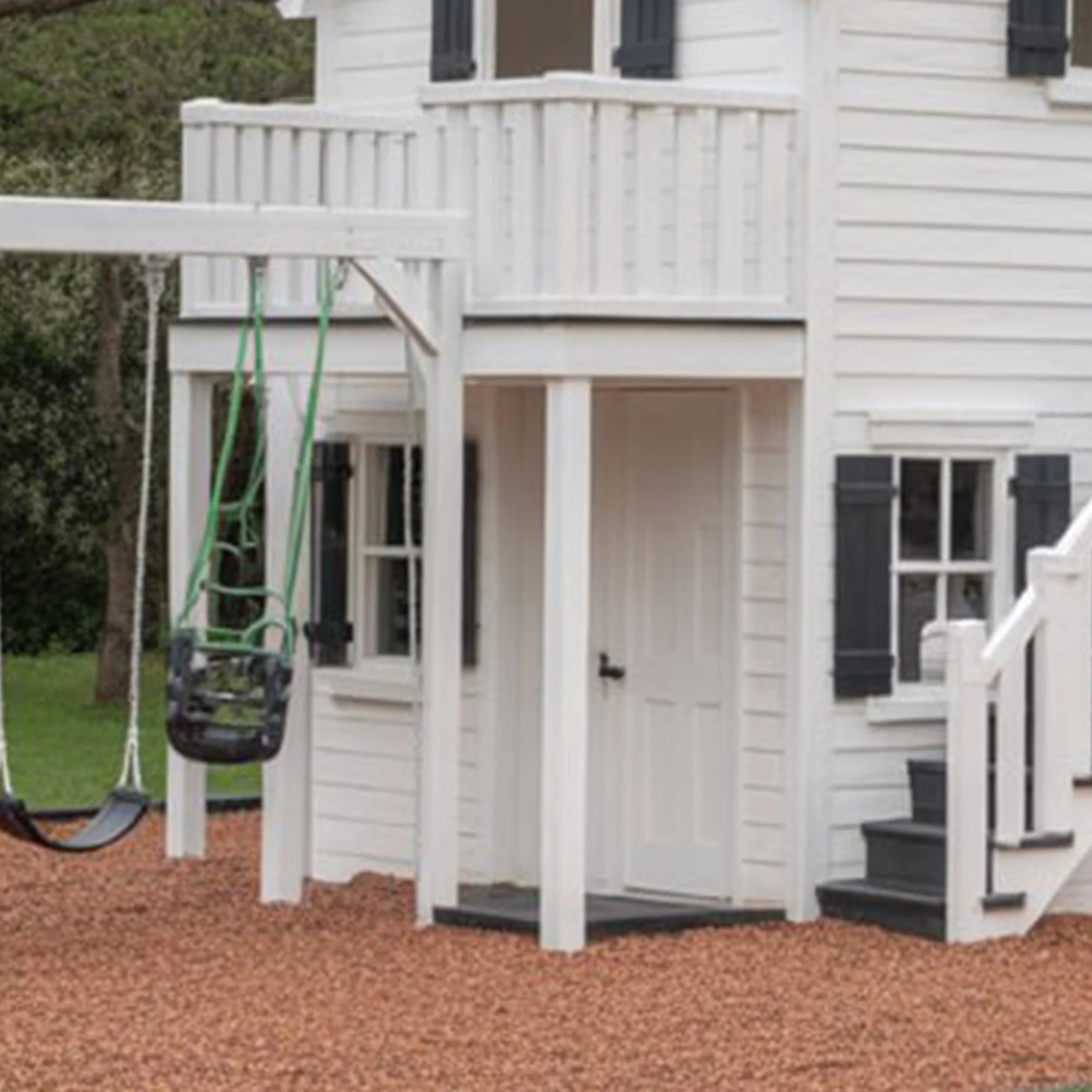 Luxury Two-Story Wooden Playhouse with Spiral Slide, Double Swings & Balcony – Outdoor Kids Playground Set 22x12x9 ft